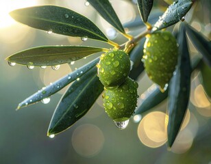 Fresh green olives on a branch covered in glistening morning dew and water droplets, illuminated