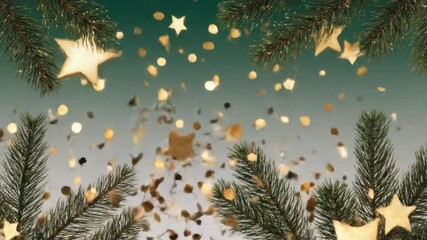 Festive Christmas Background with Pine Branches, Gold Stars, and Glittering Confetti Animation - Powered by Adobe