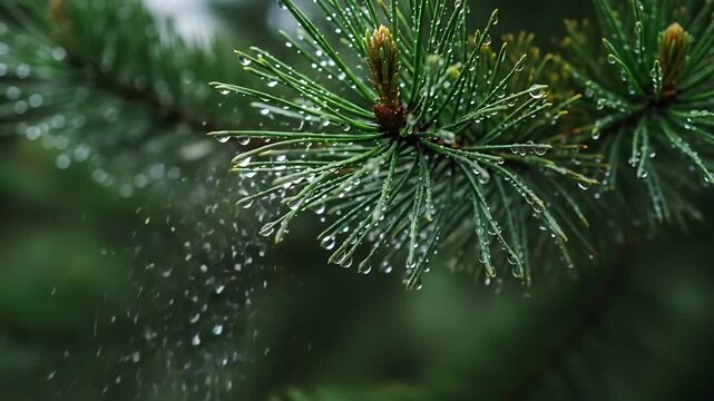 Close up of wet pine needles with raindrops during a rainy day
