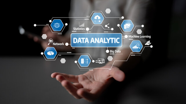 A hand extends with digital icons representing data analytics concepts, showcasing technology and statistics in a modern business setting. Tessel