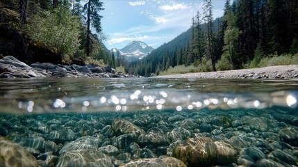 An over-under shot of a clear, shallow river. The underwater view reveals smooth, colorful rocks and pebbles on the riverbed, while the above-water view shows a