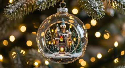 A clear glass Christmas ornament containing a miniature castle scene with snow and trees, hanging on a decorated Christmas tree with bokeh lights.