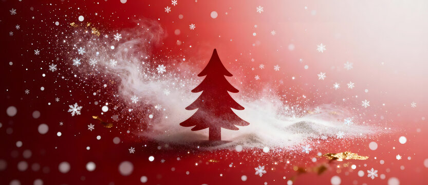 Red Christmas Tree with Snowflakes and Magical Swirls on Festive Background - Powered by Adobe