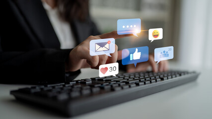 A collection of social media notifications representing user engagement. These alerts for likes,...