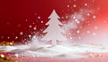 White Christmas Tree in Snowy Red Background with Glitter and Snowflakes
