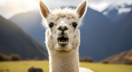 A close-up shot of a white alpaca with its mouth open, standing in a grassy field with mountains in the background.