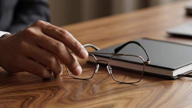 Desk Setup: Hand Reaching for Glasses