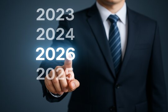 Businessman pointing to the year 2026 on digital virtual interface symbolizing new year planning