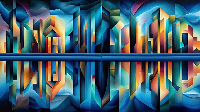 An abstract, geometric cityscape with sharp lines and vibrant colors, reflected in a horizontal blue band, evoking a sense of modern architecture and dynamic en - Powered by Adobe