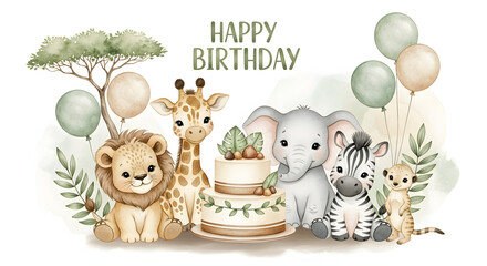 Cute watercolor safari animals celebrating a happy birthday with cake and balloons, perfect for a child's party.