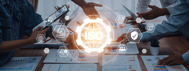 Concept of ISO certification for business quality management. This international standard ensures...