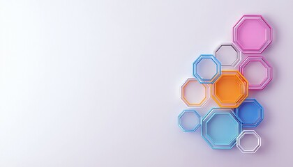 A collection of translucent, colorful octagonal frames in varying sizes and hues, arranged in a cascading, abstract pattern on a plain white background. The col