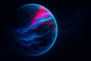AI generated cosmic planet with glowing neon waves deep shadows and vibrant red blue light creating a powerful surreal sci fi atmosphere with mystery space and dynamic energy