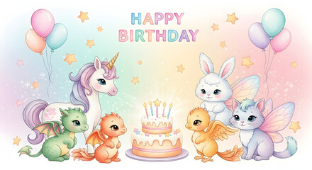 A whimsical birthday party with a unicorn, dragons, and other cute fantasy animals celebrating around a cake.