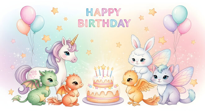 A whimsical birthday party with a unicorn, dragons, and other cute fantasy animals celebrating around a cake.