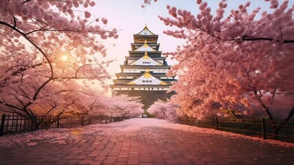 A vivid portrayal of cherry blossom trees in full bloom, with a castle in the background. The scene is bathed in a warm, golden light, suggesting either dawn or dusk.