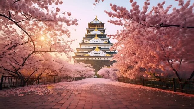 A vivid portrayal of cherry blossom trees in full bloom, with a castle in the background. The scene is bathed in a warm, golden light, suggesting either dawn or dusk.