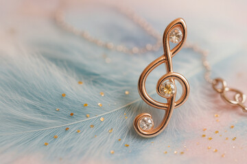 AI generated macro scene of a rose gold treble clef pendant with sparkling crystals resting on soft pastel blue feather with golden glitter creating a dreamy delicate and romantic mood suitable