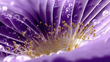 Obraz premium Extreme close-up of a vibrant purple flower's center, showing delicate golden stamens and glistening dew drops on its petals. Soft, ethereal lighting.