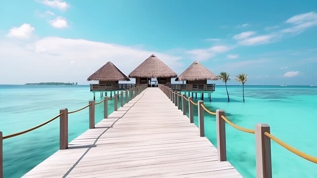 Tahiti bungalows. French Polynesia. Aerial view of a wooden pier leading to a serene seascape with turquoise waters and thatched huts. The sky is clear with a few fluffy white clouds.