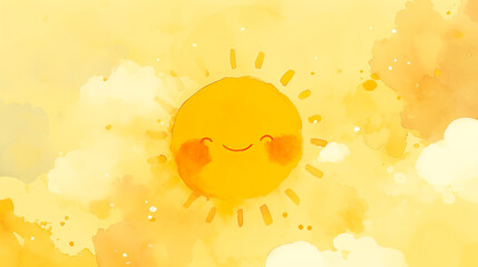 温かみのある黄色の背景と優しい笑顔の可愛い太陽の水彩イラスト
