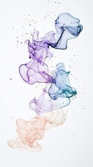 Abstract swirls of translucent colored smoke, transitioning from peach to purple to blue, with small dark particles suspended in the air, against a clean white