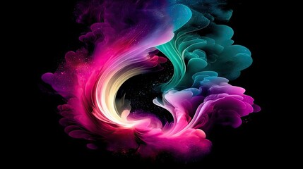 Abstract swirling clouds of vibrant pink, purple, and teal smoke with fine glitter particles, set against a deep black void.