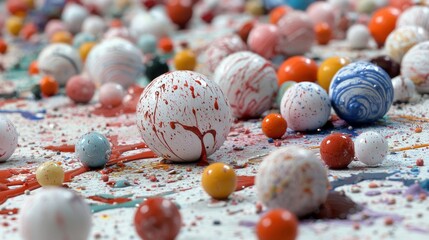 A close-up, shallow depth-of-field shot of numerous colorful spheres, some splattered with paint, scattered across a white surface with paint drips and splashes