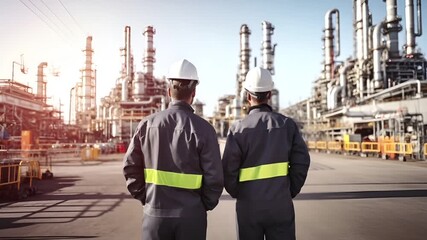A vivid portrayal of an industrial setting, with workers in safety gear standing amidst towering structures. The sky is clear, suggesting a sunny day, and the sun casts a warm.