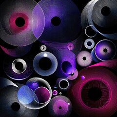 An abstract composition featuring multiple concentric circles and rings in shades of purple, pink, and blue against a solid black background.