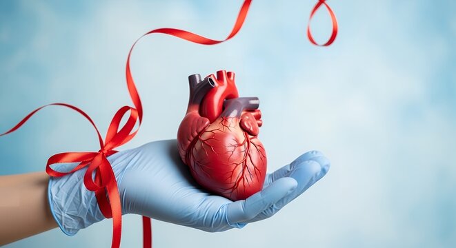 Medical concept with a gloved hand holding a realistic anatomical human heart model, symbolizing organ donation, cardiology, or heart health, with red ribbon.