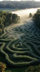 An aerial view of a winding corn maze with a stone marker in the center, enveloped in morning fog, with trees and rolling hills in the background.