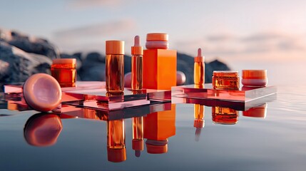 A collection of orange-toned cosmetic bottles, jars, and a spherical object arranged on transparent, reflective platforms. The scene is set against a backdrop o