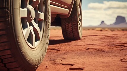A closeup shot of a vehicle tire on a red dirt road, with a clear sky and distant mountains in the background. The tire is prominently featured in the foreground.
