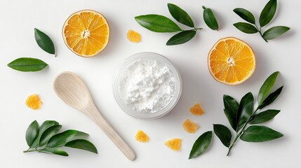 A flat lay composition featuring a jar of white powder, dried orange slices, fresh green leaves, and a wooden spoon, arranged on a clean white surface. The ligh