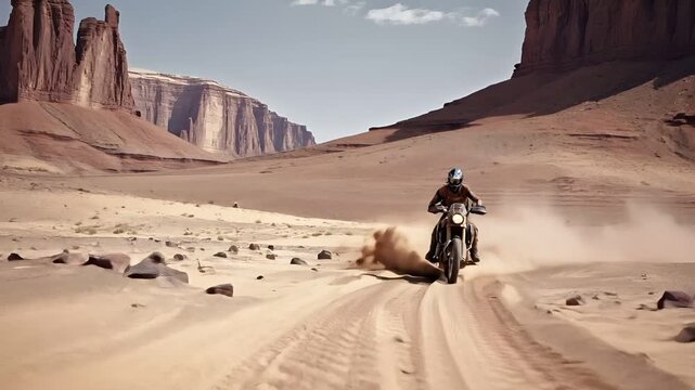 A motorcyclist is captured midmotion on a dusty trail in a desert landscape. The rider is dressed in protective gear, including a helmet, gloves, and boots.