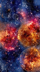 A visually stunning depiction of the cosmos, featuring glowing nebulae and celestial bodies contained within translucent, bubble-like structures against a backd