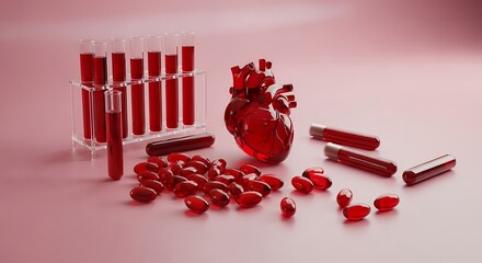 Medical still life with blood test tubes, a glass anatomical heart model, and red pills on a pink background, symbolizing diagnostics and cardiovascular health.