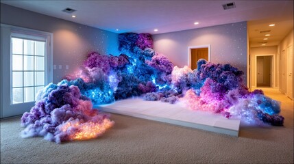 A surreal and vibrant display of colorful, illuminated clouds and smoke filling a room, with a platform in the foreground and a hallway in the background.