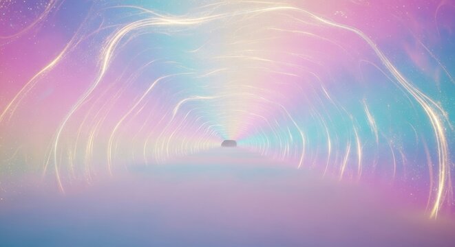 Iridescent Pathway: An Ethereal Tunnel of Pastel Hues and Luminescent Light Streams