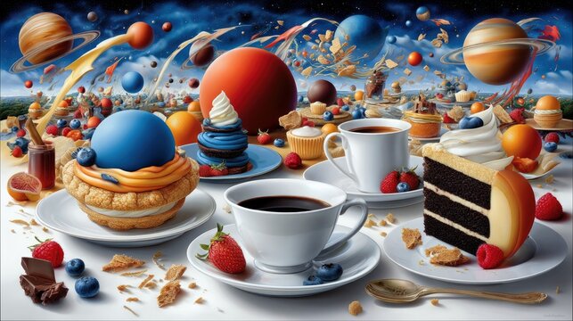 A surreal and whimsical scene featuring a table laden with various desserts, including cakes, pastries, and fruits, set against a backdrop of planets and a star