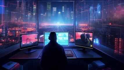 Internet cyber security concept. A cyberpunkthemed digital artwork featuring a futuristic cityscape at night with neon lights and holographic overlay. The cityscape is illuminated with a mix of red. - Powered by Adobe
