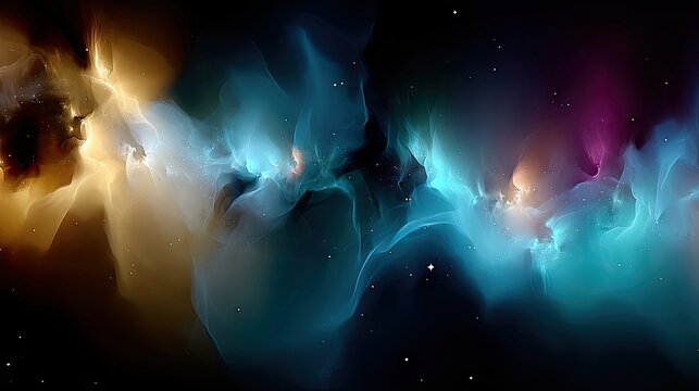 A vibrant, swirling cosmic nebula with glowing clouds of gas and dust in shades of gold, blue, and purple, dotted with distant stars against a dark background.