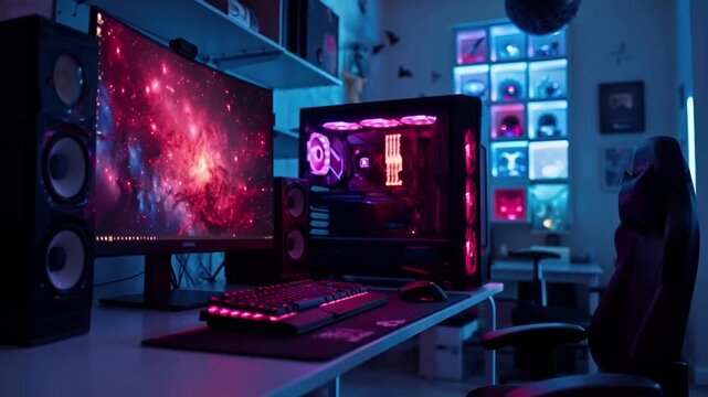 A vivid, highresolution computer setup with a galaxythemed wallpaper. The main subject is a computer monitor displaying a mesmerizing galaxy wallpaper with red and blue hues.