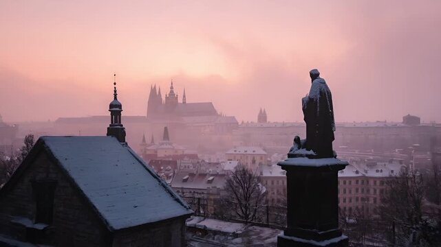 Prague, Czech Republic, Europe. A photograph of a cityscape during what appears to be either dawn or dusk. The sky is a gradient of pinkishpurple hues, suggesting the onset of winter.