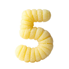 3d gnocchi textured number 5 with soft potato dumpling texture on white