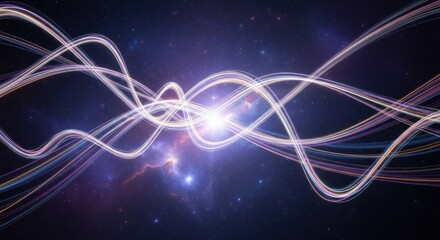 Cosmic energy flows through space with ethereal ribbons and starlight effects