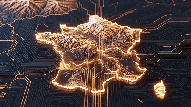 Futuristic Digital France Map with Glowing Circuit Board Connections.