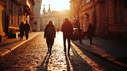 Prague, Czech Republic, Europe. A silhouette of two individuals walking down a cobblestone street during sunset. The scene is bathed in a warm, golden hue.