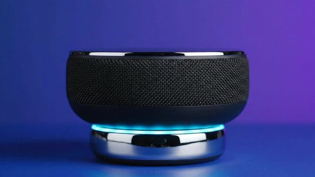 Sleek Modern Black Portable Speaker With Vibrant Blue LED Light Ring Base on a Textured Blue and Purple Gradient Background Studio Lighting